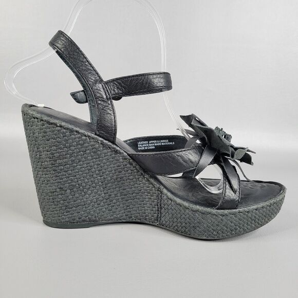 Born Womens Black Leather Flower Wedge Platform Leather Strappy Sandals Size 9 - Picture 3 of 12